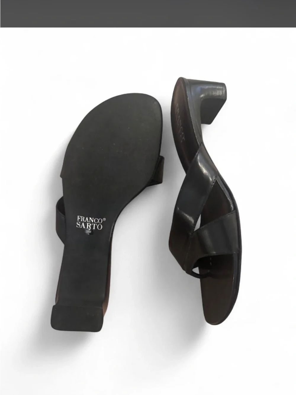 Franco Sarto Black Leather Slide kitten heels with Crossover Strap